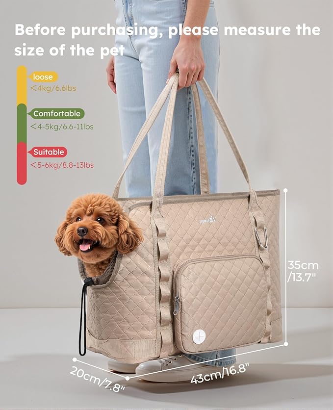 Pecute Dog Purse Carrier, Dog Carrier with Pockets for Small Dogs, Fits Dogs 7 lbs to 13 lbs, Cat and Puppies Tote Bag, Outing, Travel, Vet, XL,16.9" L x 7.9" W x 13.8" H, Khaki
