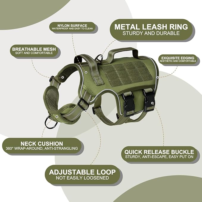 Dog Harness for Large Dogs Heavy Duty, Tactical No Pull Dog Harness with Molle System, Easy On and Off Service Dog Vest, Breathable Padded, Adjustable Reflective Pet Vest for Walking Hiking Training