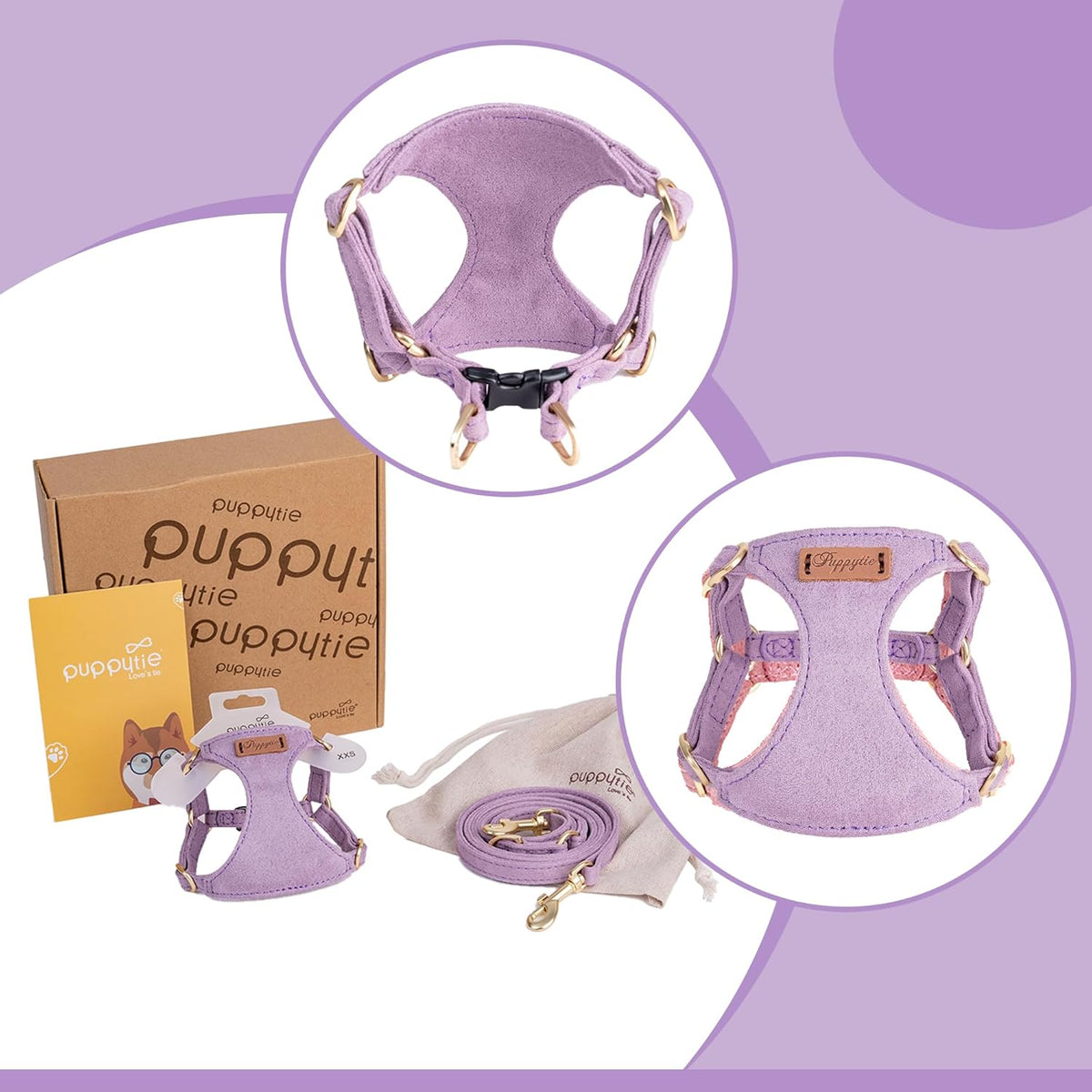 Puppytie No Pull Dog Harness with Multifunction Dog Leash,Soft Adjustable No Choke Escape Proof Pet Harness Vest for Medium Dogs or Large Dogs,Light Purple,M