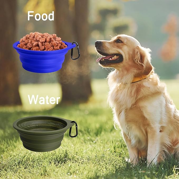 PetBonus 2-Pack Silicone Collapsible Dog Bowls, BPA Free Dishwasher Safe, Portable Foldable Expandable Travel Bowl, Food Water Feeding Cup Dish for Dogs Cats with 2 Carabiners (Army Green, Blue)