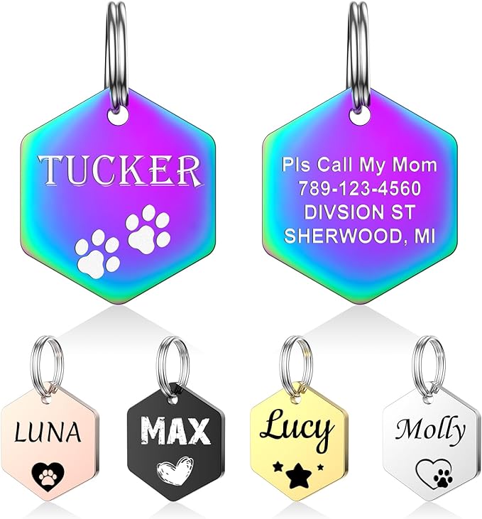 YEHANTI Personalized Dog Tags Engraved for Pets - Stainless Steel Custom Dog Cat Tag with Various Cute and Beautiful Icons, Double Sided Engraved Pet ID Tags Dog Name Tag, Hexagon