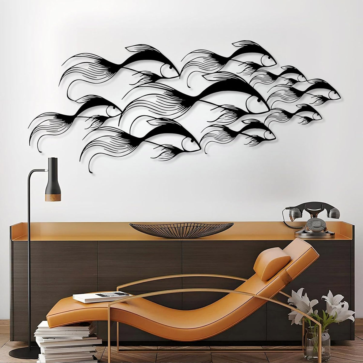 School of Fish Metal Wall Art, Metal Fish Wall Decor, Sea Life Wall Art, Large Nautical Wall Hanging, Modern Beach House Wall Decor, Ocean Themed Artwork for Bathroom (Silver, 24"x10" | 60x25cm)