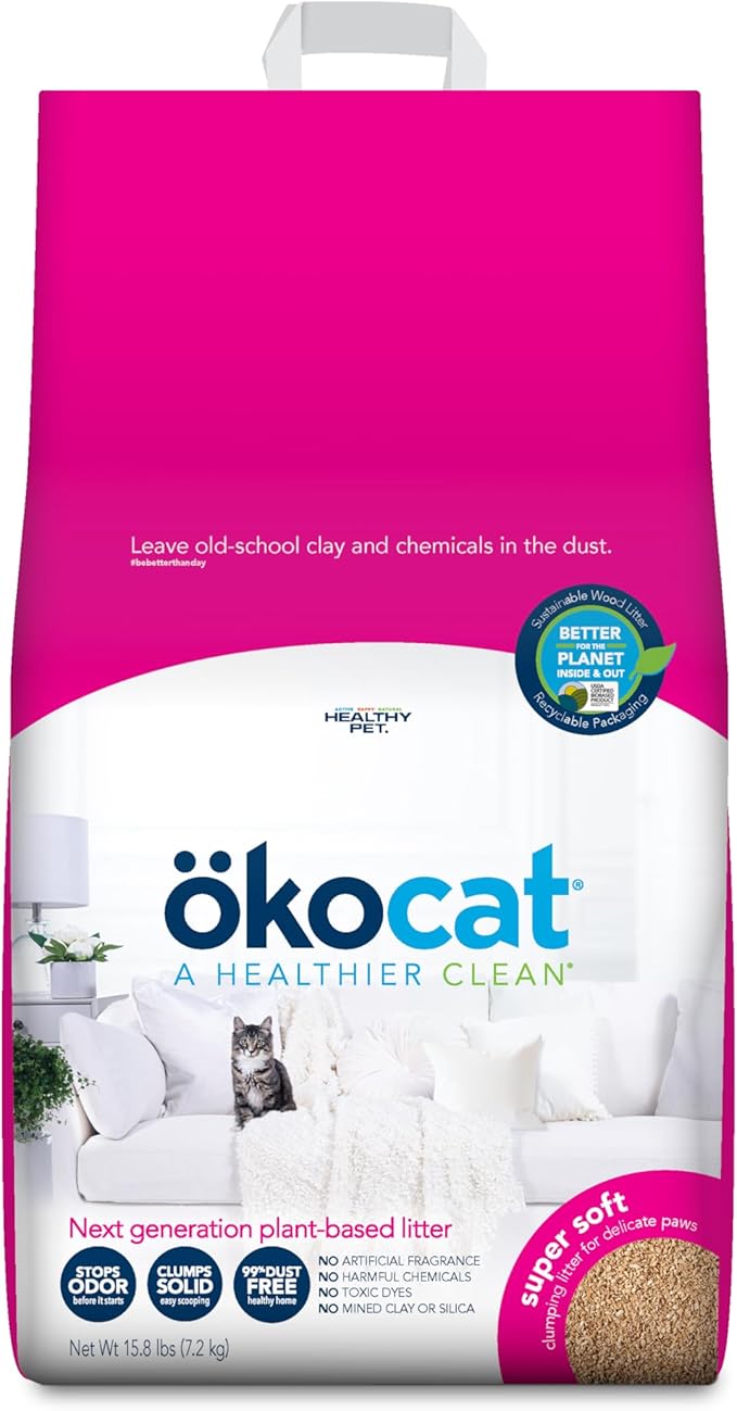 ökocat Super Soft Wood Clumping Cat Litter, Unscented, 15.8 pounds - Natural Ingredients, Stops Odor, Clumps Solid, 99% Dust Free, Great for All Cats, Sensitive Paws, Kittens