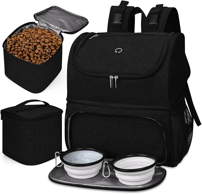 BAGLHER Pet Travel Bag, Double-Layer Pet Supplies Backpack (for All Pet Travel Supplies), Pet Travel Backpack with 2 Silicone Collapsible Bowls and 2 Food Baskets Black