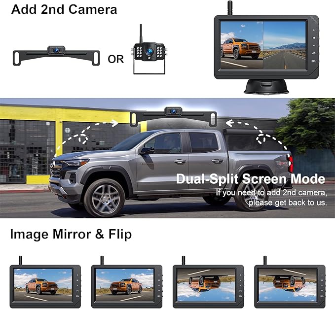 Fookoo HD 1080P 5-inch Wireless Backup Camera, 5" Split Screen Monitor Rear View Licence Plate Camera, DIY Guide Lines Wide Angle IP69 Waterproof Easy to Install for Car Pickup Van SUV - DW5CT