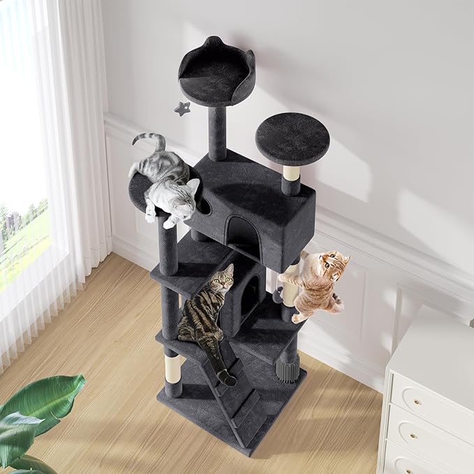 MoNiBloom 77 Inch Cat Tree Tower for Indoor Cats Large Adults, Tall Cat Tower with Scratching Post, Multi-Level Furniture Activity Center with Cat Condo Pet Play House, Smoky Grey