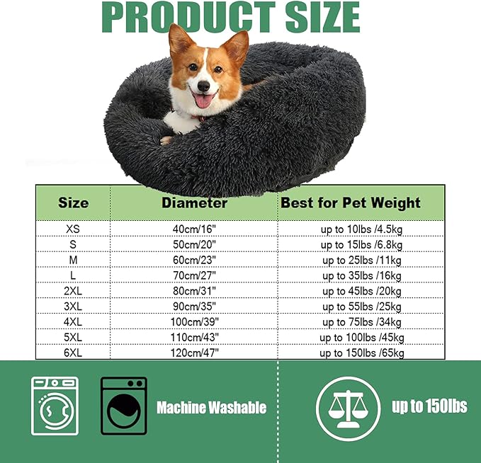 Calming Faux Fur Dog Beds Calming Donut Cuddler Dog Bed Washable Round Cat Bed Pillow Cuddler Fluffy Indoor Dog Calming Beds with Anti Slip Bottom Solid Color White 20 Inch