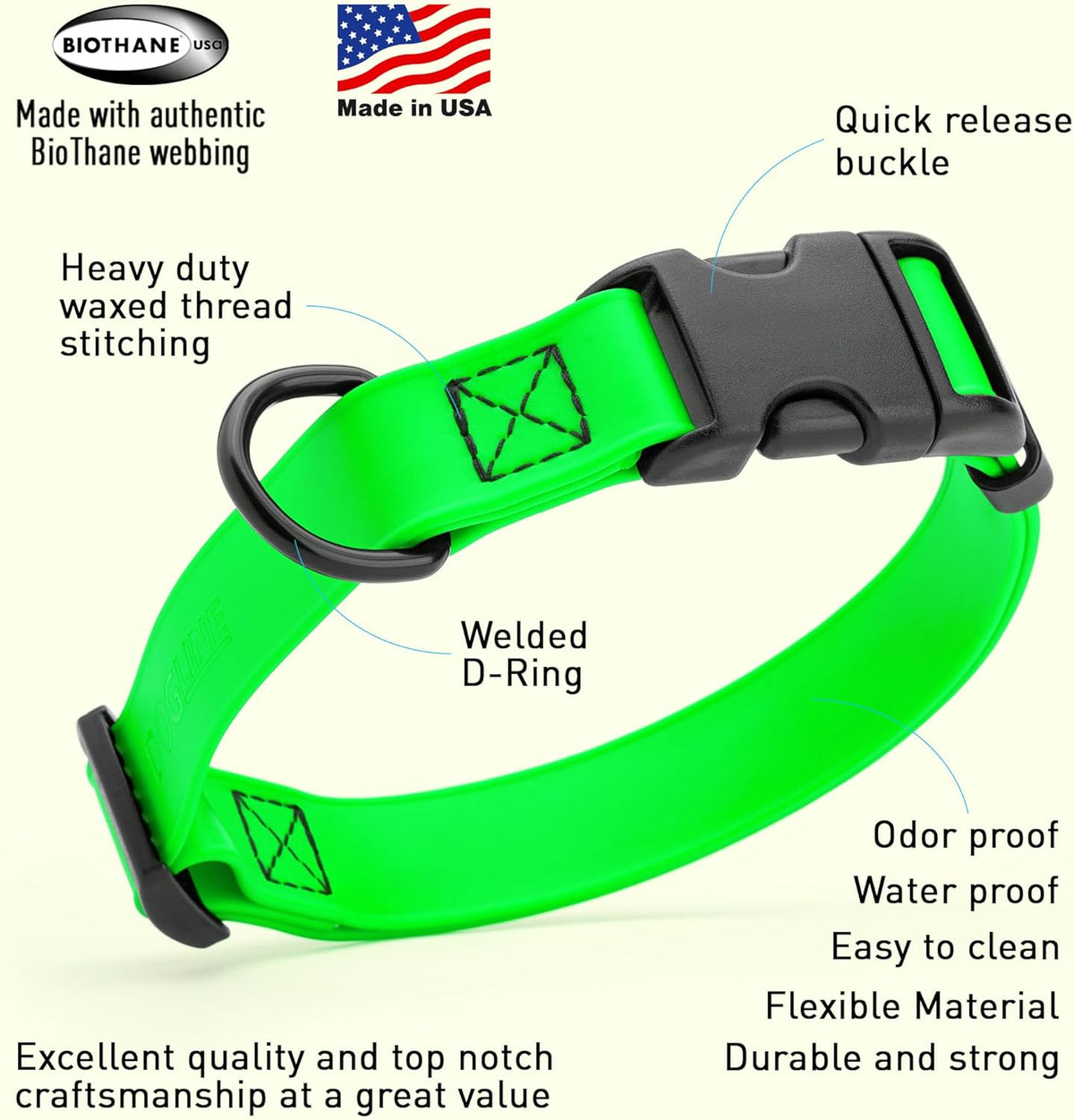 Dogline Biothane Waterproof Dog Collar with Quick Release Buckle Strong Coated Nylon Webbing with Odor- Proof for Easy Care Easy to Clean Fits Small Medium Large Dogs, Lime Green 1" W 15-25" L