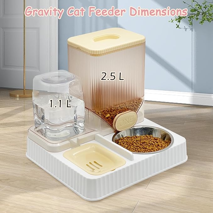 Fhiny Gravity Cat Feeder & Water Dispenser, 2 in 1 Automatic Puppy Waterer Removable Stainless Steel Food Bowls Set Self Feeding Pet Food Storage for Cat Kitten Puppy Easy Clean (Yellow)