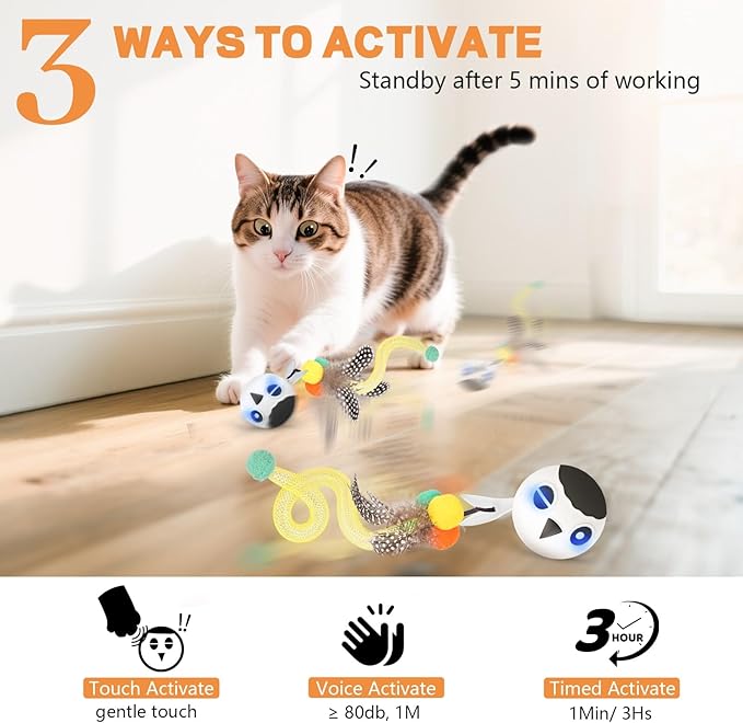 Cat Toys, Interactive Kitten Toys Indoor Cats, USB Rechargeable Electronic Smart Exercise Toy, Motion Activated Fast Moving Chirping Stimulating Light, 2 Feather Tails (White)