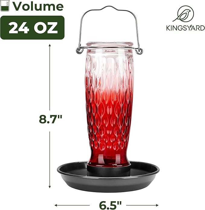 Kingsyard Bird Water Feeder for Outside, 24 Ounce, Glass Bird Water Dispenser with Metal Hanging for Garden Yard Outside Decoration, Red Gradient