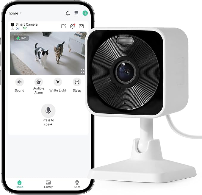 Outdoor & Indoor Security Camera,Pet Camera with Motion Detection, 2-Way Audio, Night Vision, Cloud & SD Card Storage,Bright White