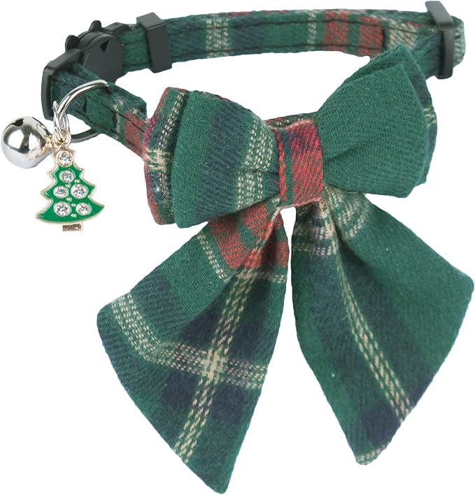 ADOGGYGO Christmas Cat Collars Breakaway with Removable Bow Tie, 2 Pack Red Green Plaid Christmas Collar for Cats Kittens
