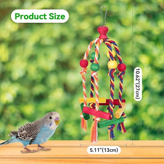 2PCS Dangly Rope Bird Toys，Medium and Small Birds Toys Multicolored Natural Wooden Bird Chewing Bird Cage Accessories for Parakeet Parrot Conure Cockatiel Budgies Lovebird Cage Toy