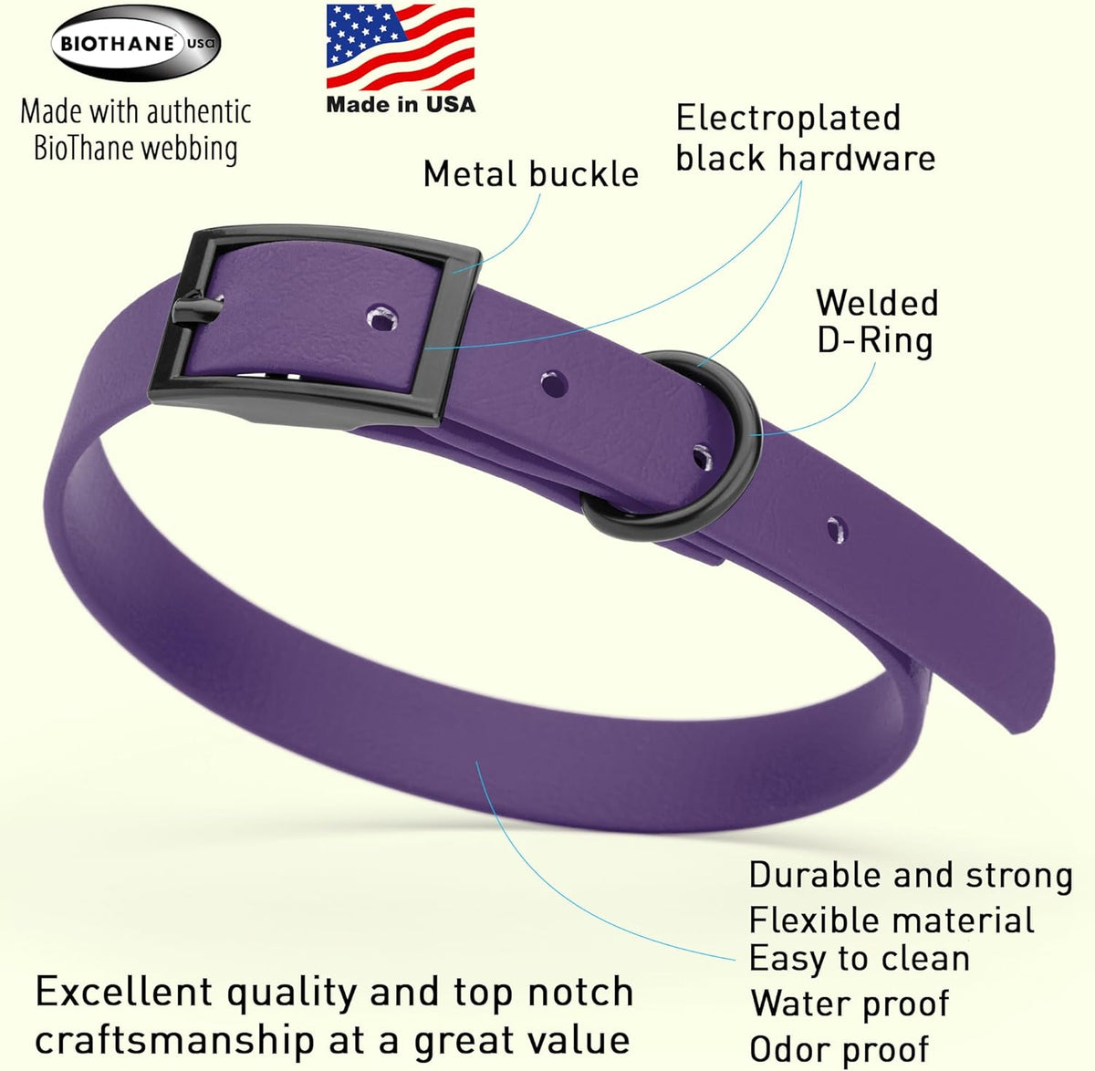 Dogline Biothane Waterproof Dog Collar Strong Coated Nylon Webbing with Black Hardware Odor- Proof for Easy Care Easy to Clean High Performance Fits Small Medium or Large Dogs, Violet Purple
