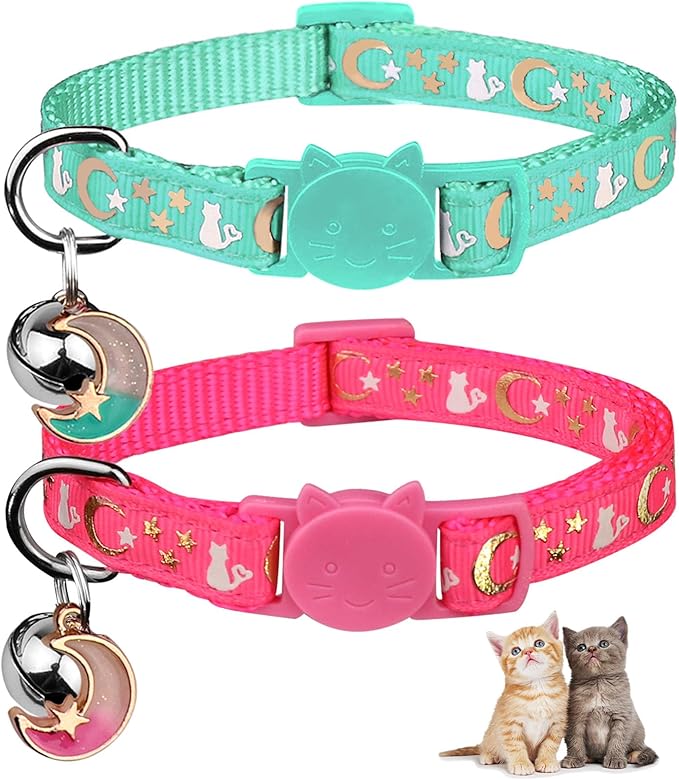 2PCS Breakaway Cat Collars with Bell Cute Kitty Glow in The Dark Adjustable Kitten Collars 7.9-13.0 Inch(Teal&Pink)