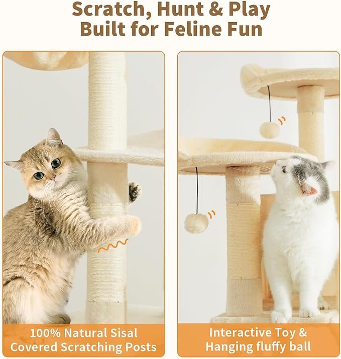 Made4Pets Tall Cat Tree, 80" Cat Tree Tower for Indoor Cats Large Adult, Modern Cat Tower with Scratching Post, Cozy Hammock, 3 Perches and 2 Condos, Sturdy and Fluffy, Beige