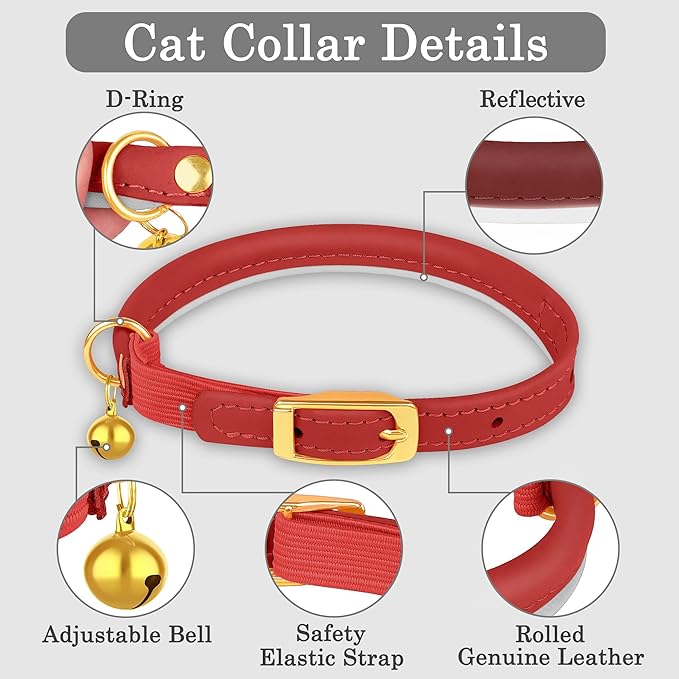 OOPSDOGGY Rolled Leather Cat Collar with Bell - Reflective Kitten Collar with Safety Elastic Strap - Adjustable Small Pet Collars for Boy Girl Cats (Red)