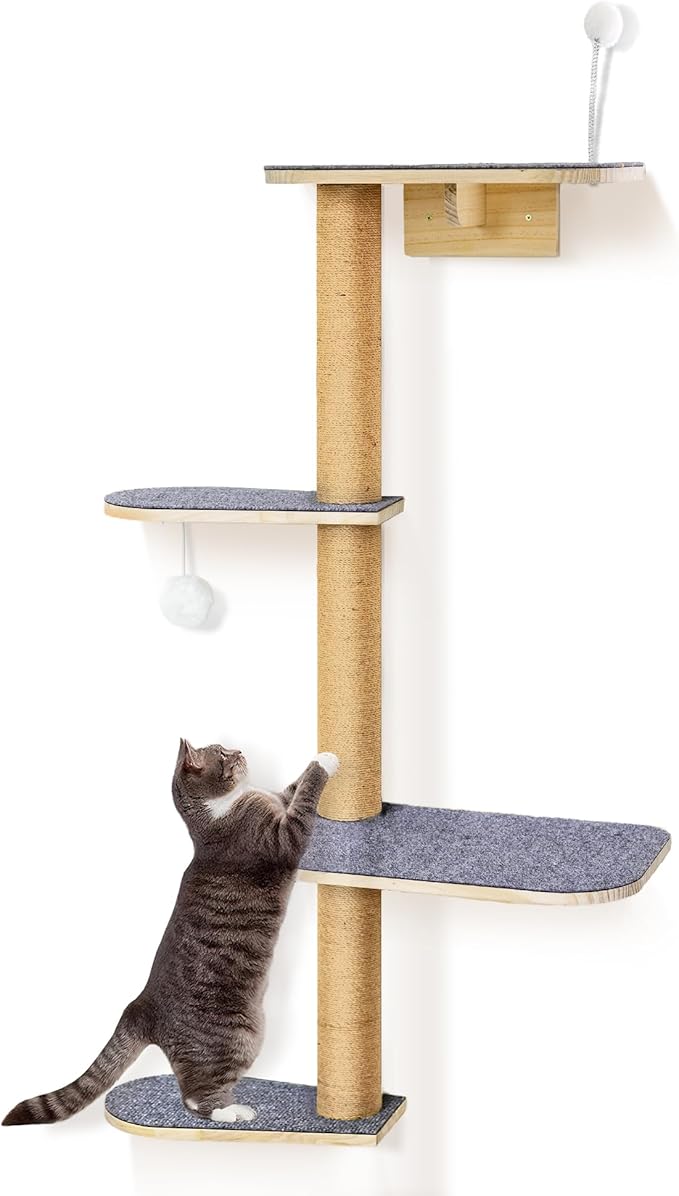 Wall Mounted Cat Tree for Kittens & Small Cats, 4-Tier Cat Wall Climber with Adjustable Grey Felt Platforms, Cat Shelves & Furniture, 49” Tall for Under 30lbs