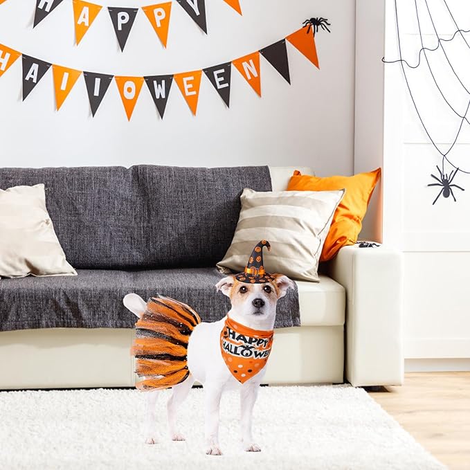 SCENEREAL Small Dog Halloween Costumes, Bandana Hat Dress Set, 3pcs Puppy Party Supplies, Soft Triangle Scarf, Cute Tutu Skirt Outfit for Girl Boy Pet