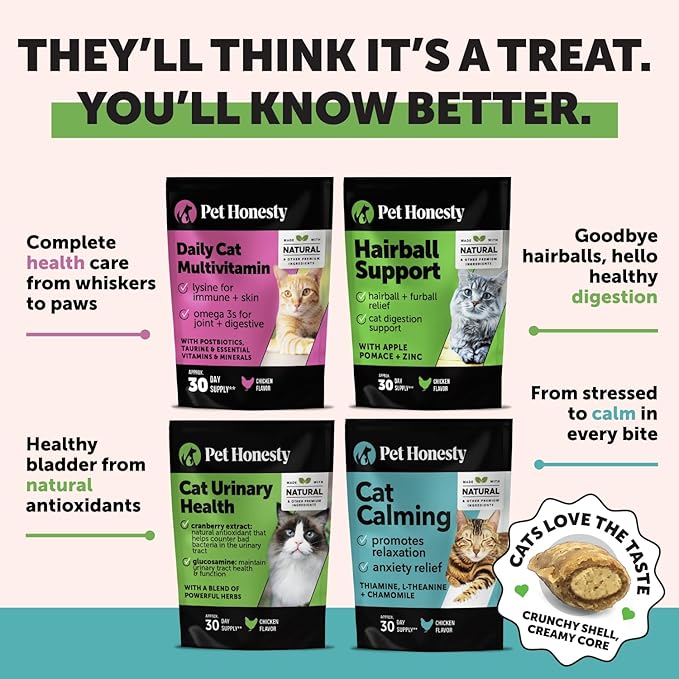 Cat Hairball Support Crunchy & Creamy Chews, Hairball Remedy Treats, Cat Furball Treatment, Supports Skin & Coat, Vitamins for Digestion, Chicken (30-Day Supply)