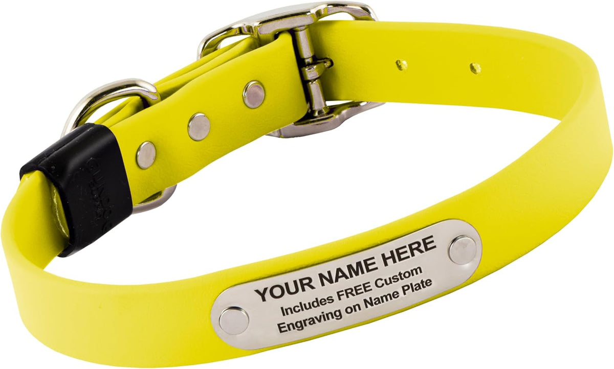 Biothane Custom Dog Collar – Waterproof, Stink-Proof Personalized Collar with Name & Phone Number – Durable, Many Sizes and Colors – Assembled in USA (Bright Yellow)