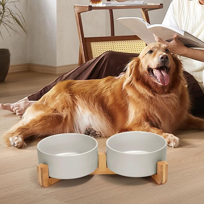 SPUNKYJUNKY Ceramic Dog and Cat Bowl Set with Wooden Stand, Modern Cute Weighted Food Water Bowl Set for Medium to Large Size Dogs (42 OZ, 2 × Grey)