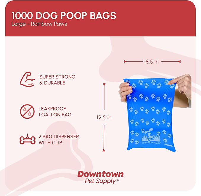Downtown Pet Supply Poop Bags for Dogs with Dispenser, 1000 Count - Leak-Proof Dog Waste Bags and Bone-Shaped Dog Poop Bags Holder for Leash - Rainbow with Paw Prints, 12.5" x 8.5"