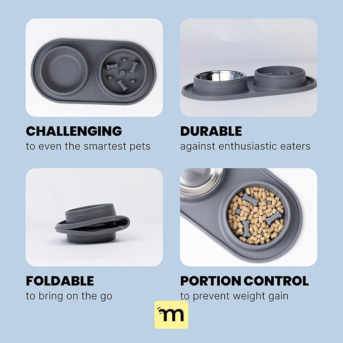 MalsiPree Cat & Dog Slow Feeder Bowl – Improve Digestion – Stainless Steel Water Bowl & Anti-Spill Silicone Mat – for Small & Medium Breeds – 15 oz - Puppy Slow Feeder