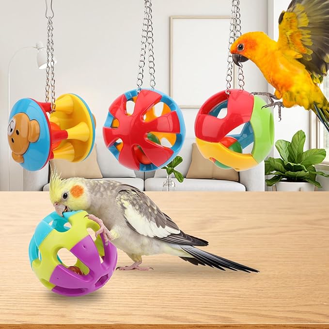 Hypeety Pet Parrot Toy Plastic Colorful Birds Ball with 1 Bell for Budgie African Grey Cockatoo Cockatiel Sun Conures 4 Balls