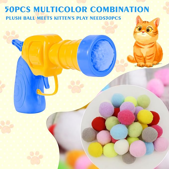 Mewlmart Interactive Cat Toys Cat Ball Launchers Enrichment Toys Pom Pom Balls50 Balls 1.2IN