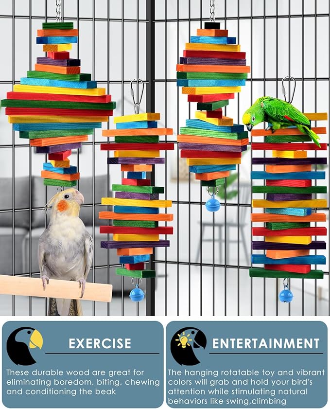 Bissap 4 PCS Bird Chew Toys, Multicolored Bagel Cascade Bird Parrot Chewing Sticks Biting Wooden Blocks Toy for Small Medium Conure Parakeet Cockatiels Lovebird Similar Sized Pet Birds