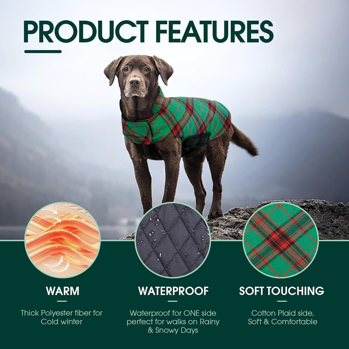 Kuoser Waterproof Dog Coat, Reversible Dog Jacket for Large Dogs, Adjustable Durable Doggie Winter Coat for Groowing Puppies Warm Puppy Cold Weather Apparel, Christmas Green L
