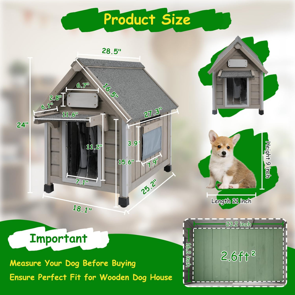 Dog House Outdoor Indoor Waterproof for Small Dog with Anti-Chewing Iron Frame, Raised Feet, Weatherproof Doghouse Kennel Puppy Shelter with Removable Floors(18" L*28.5" W*24" H)