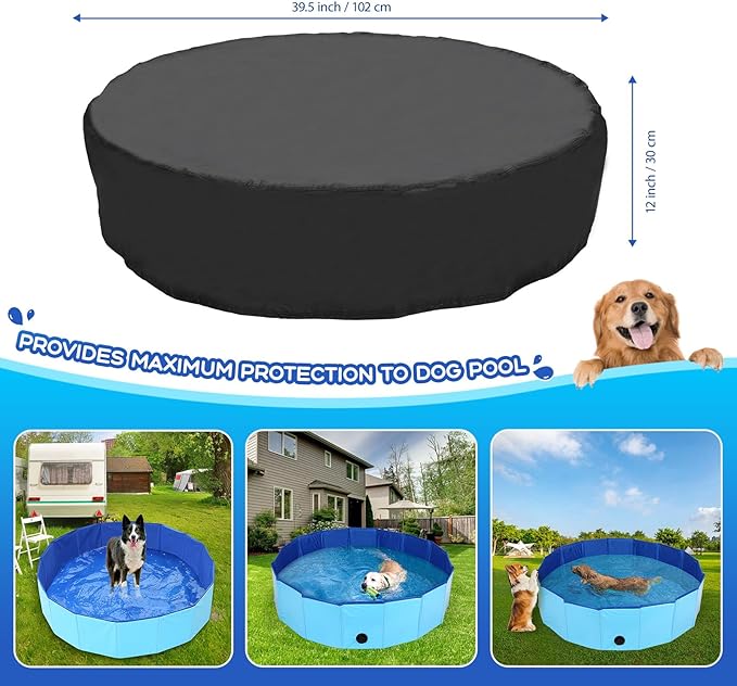 39.5 inch Foldable Dog Pet Bath Pool Cover, Portable Round Collapsible Pool Cover with Oxford Cloth Material and Drawstring Design for Dog Pet Pool, Waterproof and Dustproof (Black)