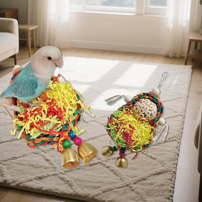 Parakeet Toys,Natural Sola Balls and Shredding Hanging Chewing Toy,2 PCS Small and Medium-Sized Parrot Toys, Bird Toys for Parrots,Cockatiels,Conures,Lovebird,Christmas Birds Toy