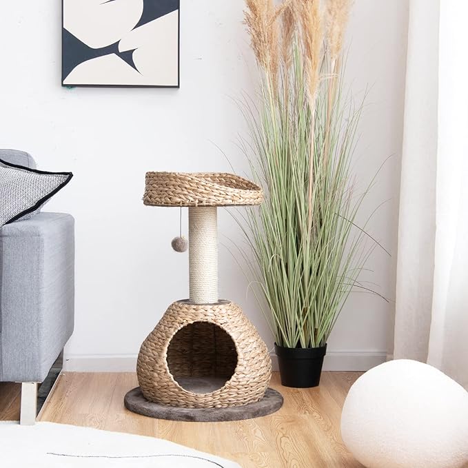 Tangkula Modern Cat Tree, Small Cat Tower with Natural Sisal Scratching Post, Hand-Made Wicker Cat Condo & Top Perch, Funny Hanging Toy Ball, Cute Cat Tree Tower for Indoor Cats