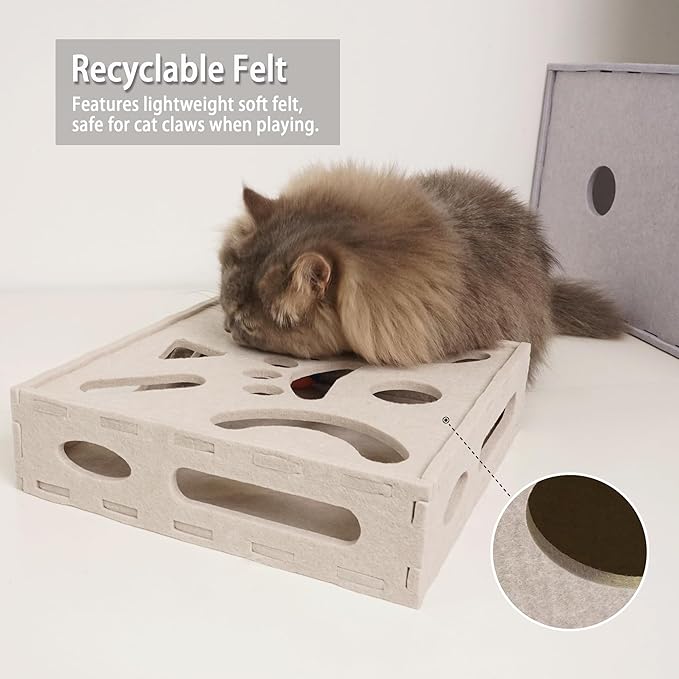 PETKARAY Felt Cat Puzzle Toy, Interactive Cat Toys for Indoor Cats, Interactive Maze for Kitten Felt Puzzle Box with Ball, Beige