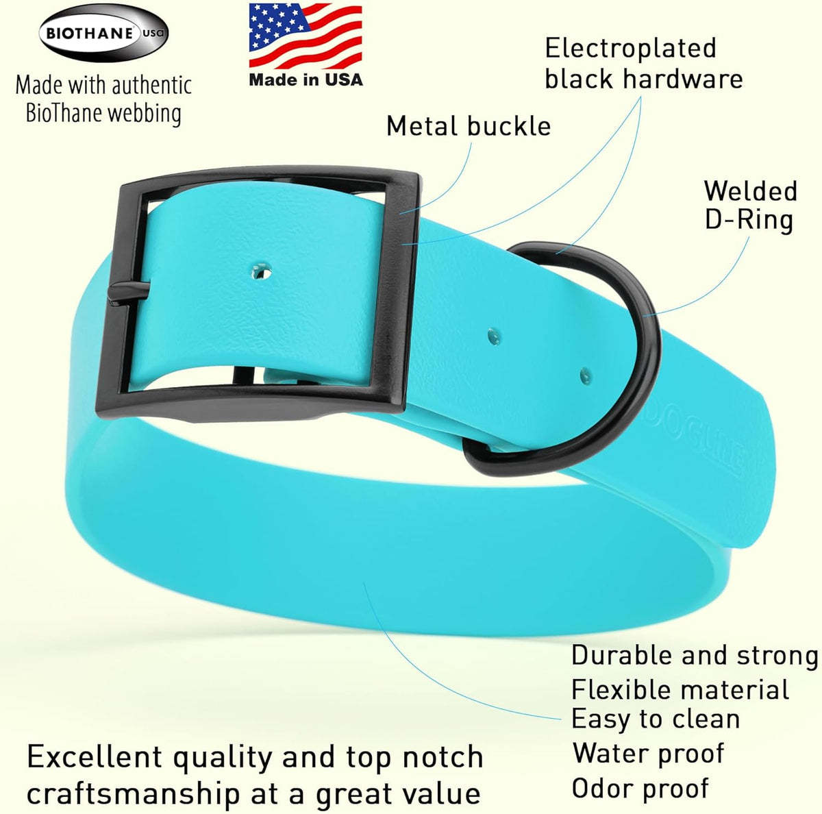 Dogline Biothane Waterproof Dog Collar Strong Coated Nylon Webbing with Black Hardware Odor- Proof for Easy Care Easy to Clean High Performance Fits Small Medium or Large Dogs, Sky Blue