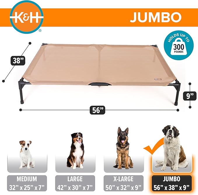 K&H Pet Products Outdoor Elevated Dog Cot, Cooling Raised Bed with Waterproof Breathable Mesh for Large Dogs, Portable Place Bed with Heavy-Duty Metal Frame, Oversized Hammock Style - Jumbo Tan