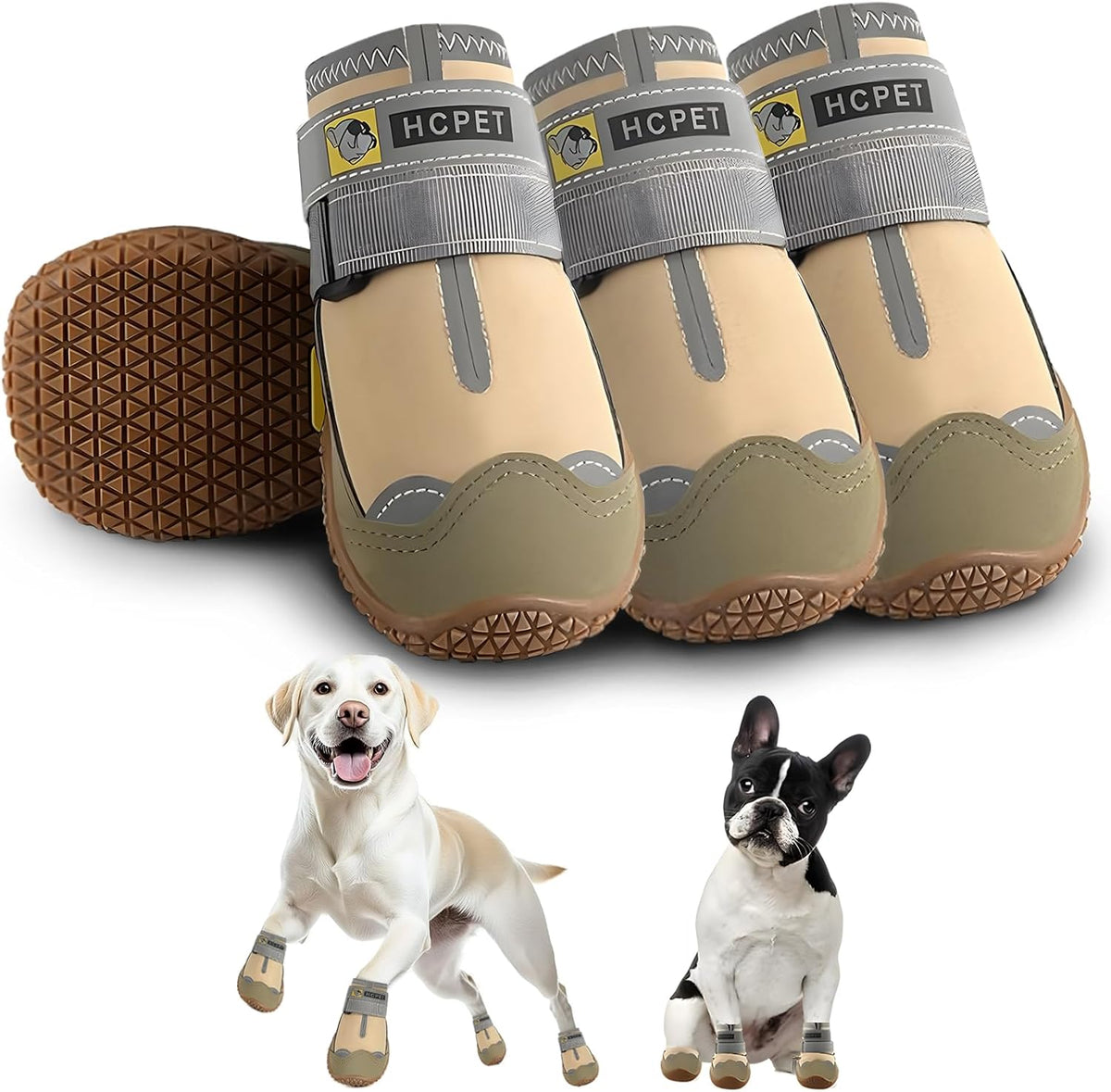 Hcpet Dog Shoes for Large Dogs, Waterproof Dog Booties for Small Medium Dogs, Anti-Slip Dog Boots & Paw Protectors for Hot Pavement Winter Snow Hiking with Reflective Straps Khaki Size 5