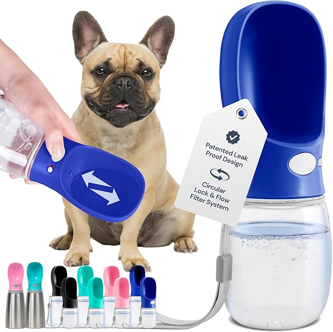 MalsiPree Dog Water Bottle - 12 Oz, Navy Blue - Leakproof Portable Water Bowl Dispenser for Travel, Hiking & Road Trips - Travel Dog Bowl for Hydration - Lightweight Food-Grade Plastic
