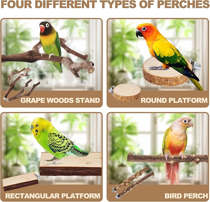 6-Piece Bird Perch Set - Natural Wood Grape Sticks, Paw Grinding Forks, Bird Stand & Toys for Parakeets, Cockatiels, Conure, Budgies