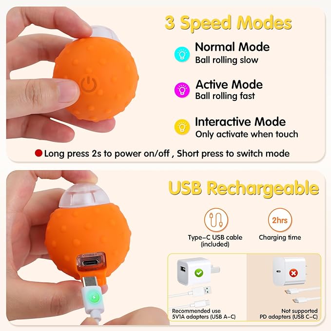 Interactive Cat Toys Balls, Automatic Moving Cat Toys for Indoor Cats, Self Rotating Ball with Motion Activated, Electric Cat Mouse Toys, USB Rechargeable