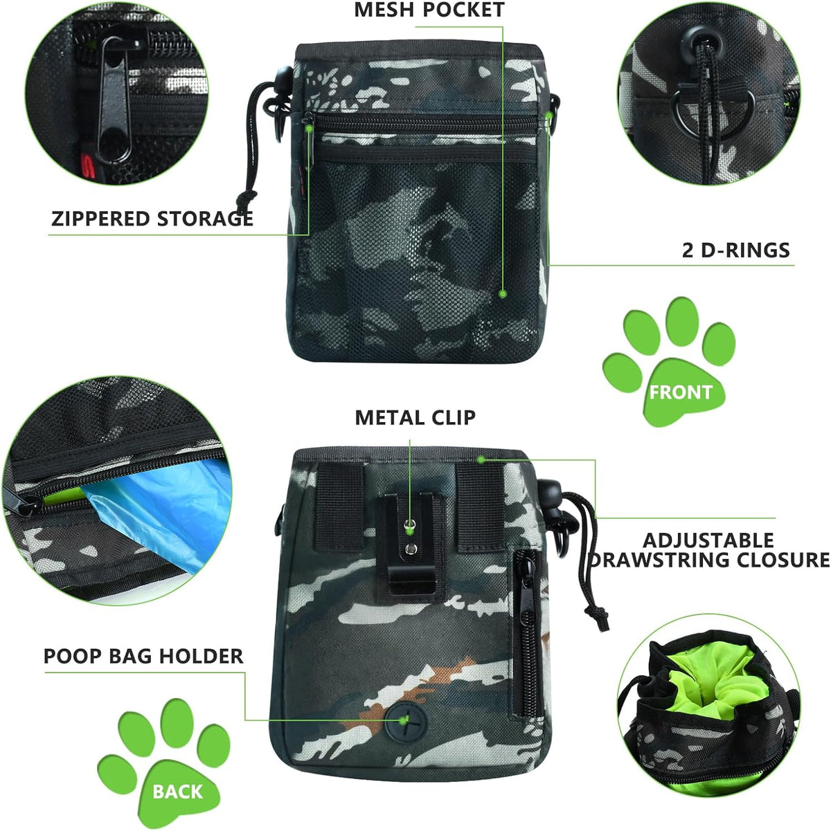 Dog Treat Pouch - 3 Ways to Wear Treat Pouches for Pet Training and 2 Pieces Clicker Taining for Dogs, Dog Training Treat Pouch Bag and Dog Clicker for Training with Waist Belt Shoulder Strap - Camo