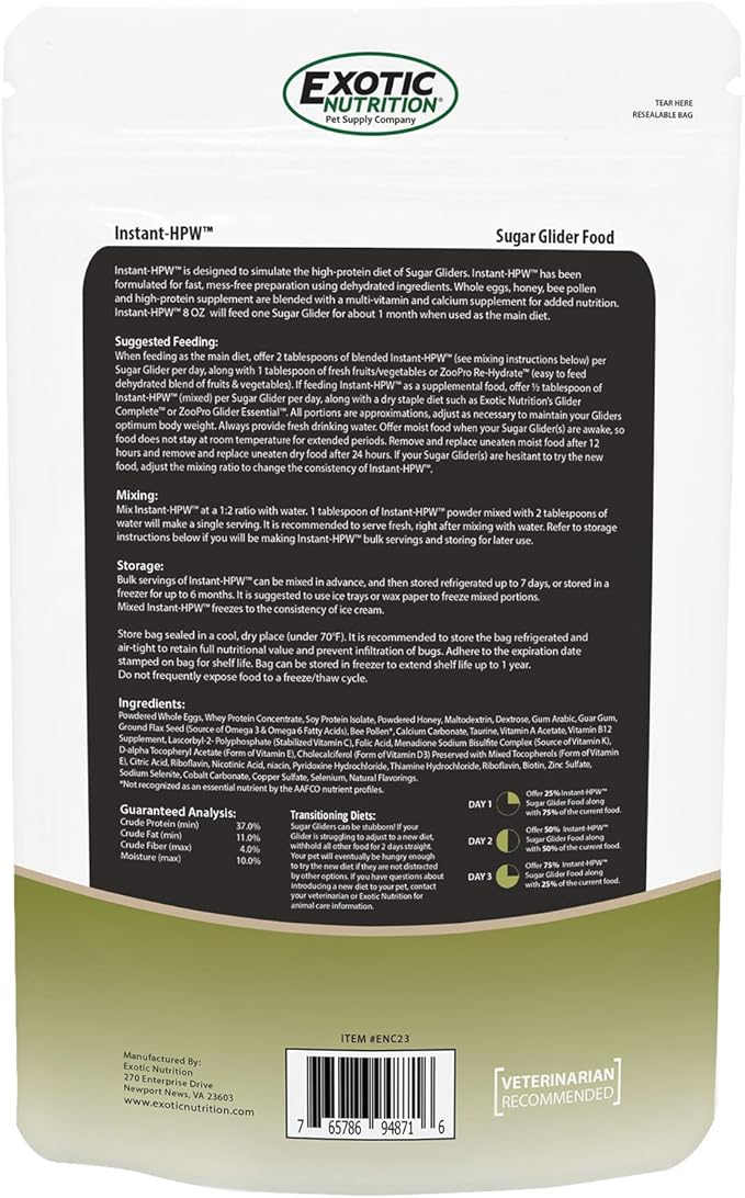 Instant-HPW - All Natural Vitamin Enriched Sugar Glider Food - Healthy & Nutritious - High Protein Wombaroo - Staple Diet (8 oz)