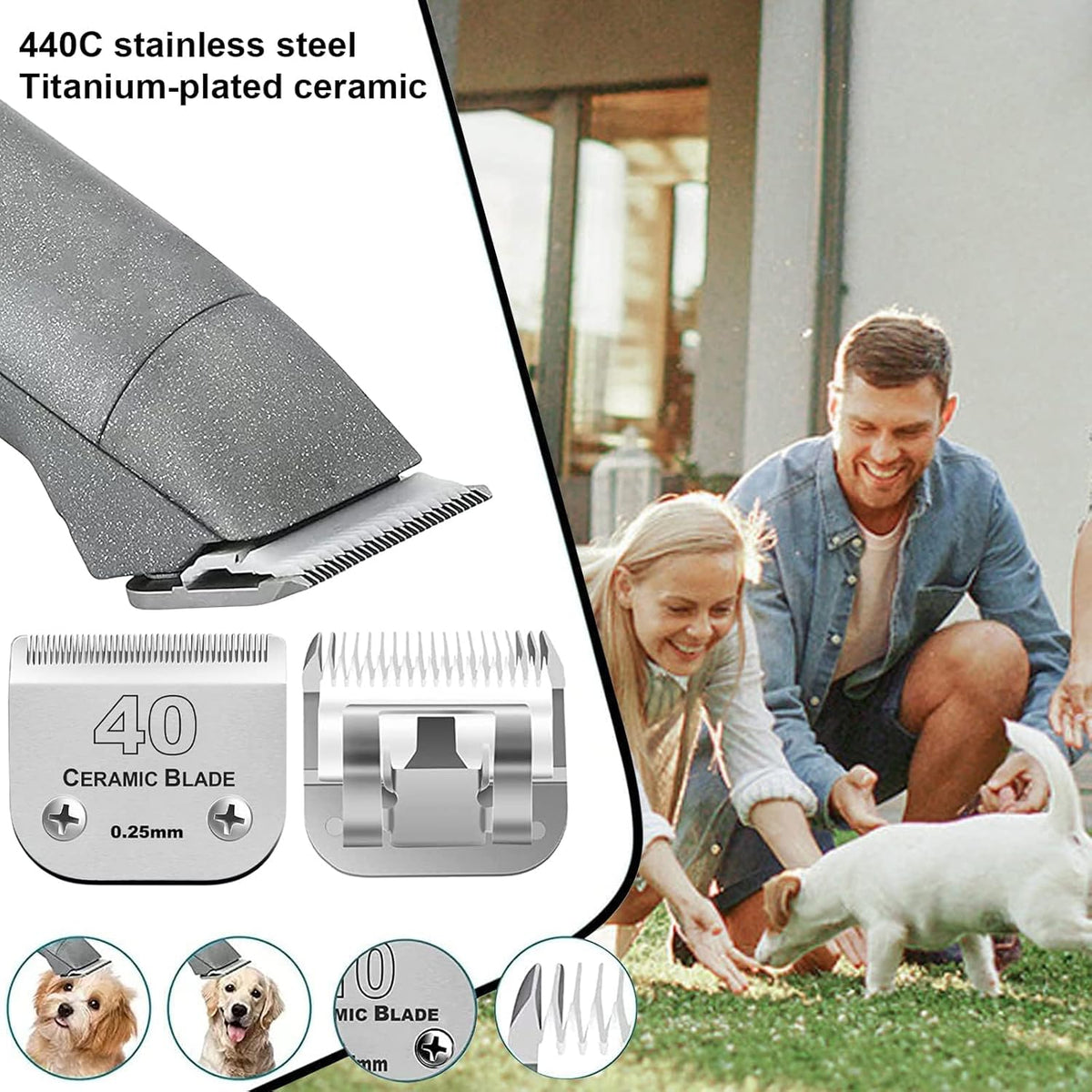 Audoc 3Pcs 40 Blade Dog Grooming Clipper Replacement Blades Compatible with Wahl/Oster Dog Clippers,Detachable Ceramic Blade & Stainless Steel Blade,Size 40 Cut Length 1/100"(0.25mm)
