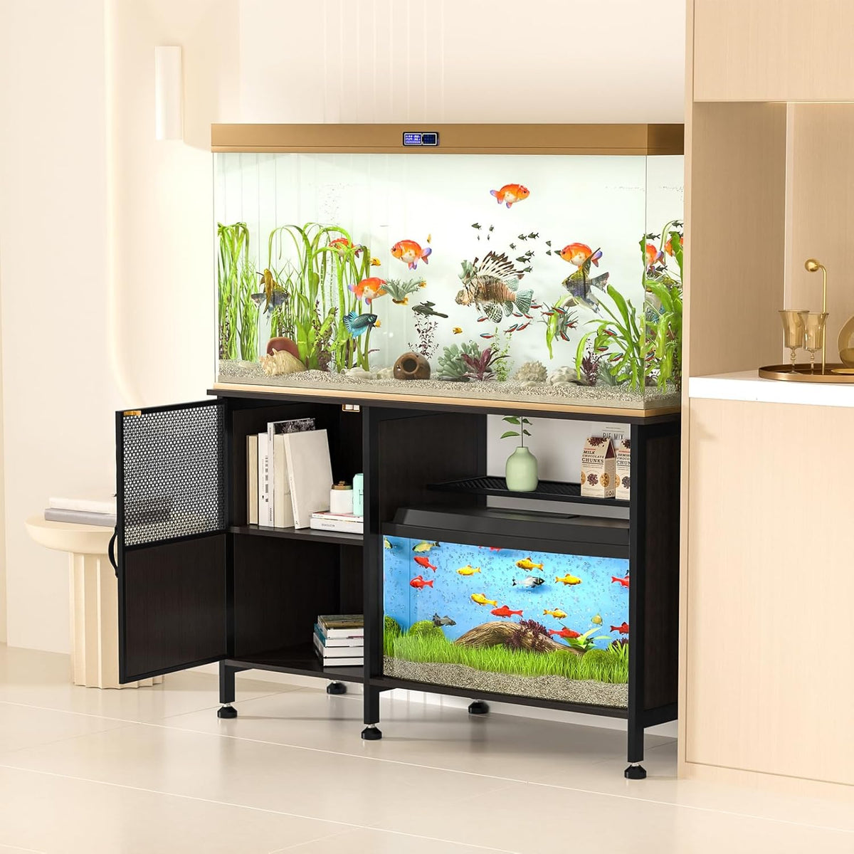 Fish Tank Stand, Modern Aquarium Stand with Built-in Cabinet and Shelves - Sleek Black Iron and Wood Grain Design for Stylish Home Décor（ 51.97" x W 19.69" x H 31.5"） Black