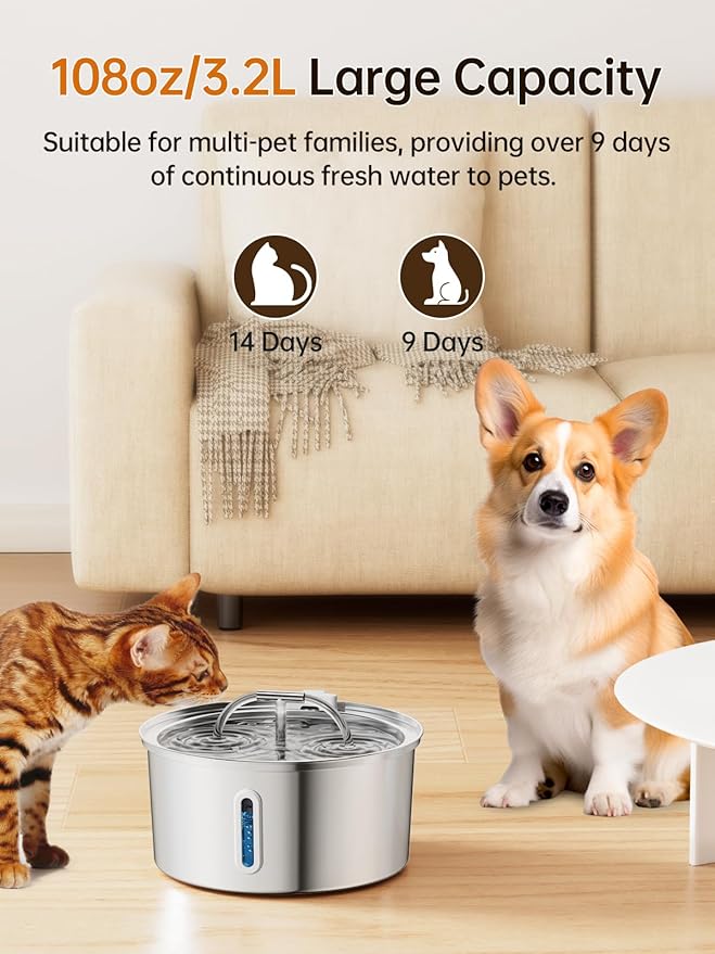 Cat Water Fountain Stainless Steel, 3.2L/108OZ Pet Water Fountain for Drinking,Automatic Metal Dog Water Fountain with 4 Filters & 4 Sponges,Quiet Pump,Dual-Stream for Cats, Dogs,Multiple Pets Indoor