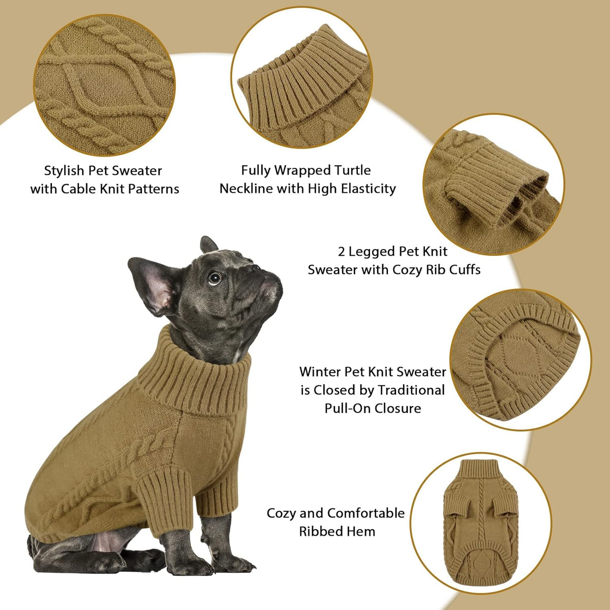 Queenmore Small Dog Pullover Sweater, Cold Weather Cable Knitwear, Classic Turtleneck Thick Warm Clothes for Chihuahua, Bulldog, Dachshund, Pug (Light Brown, X-Small)